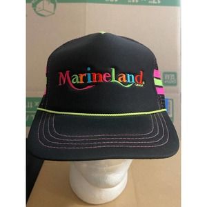 Vintage Marine Land Canada Trucker Hat Cap Snapback‎ Mesh Black 3 Stripe Rope